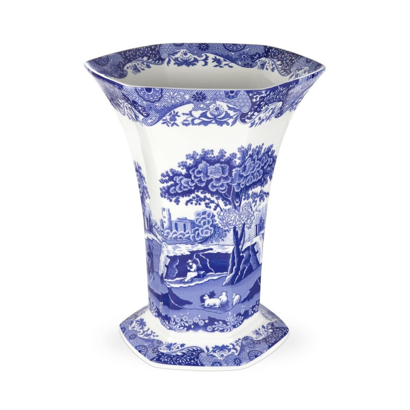 Spode Blue Italian Hexagonal Vase - 10.5" Porcelain Decorative Accent