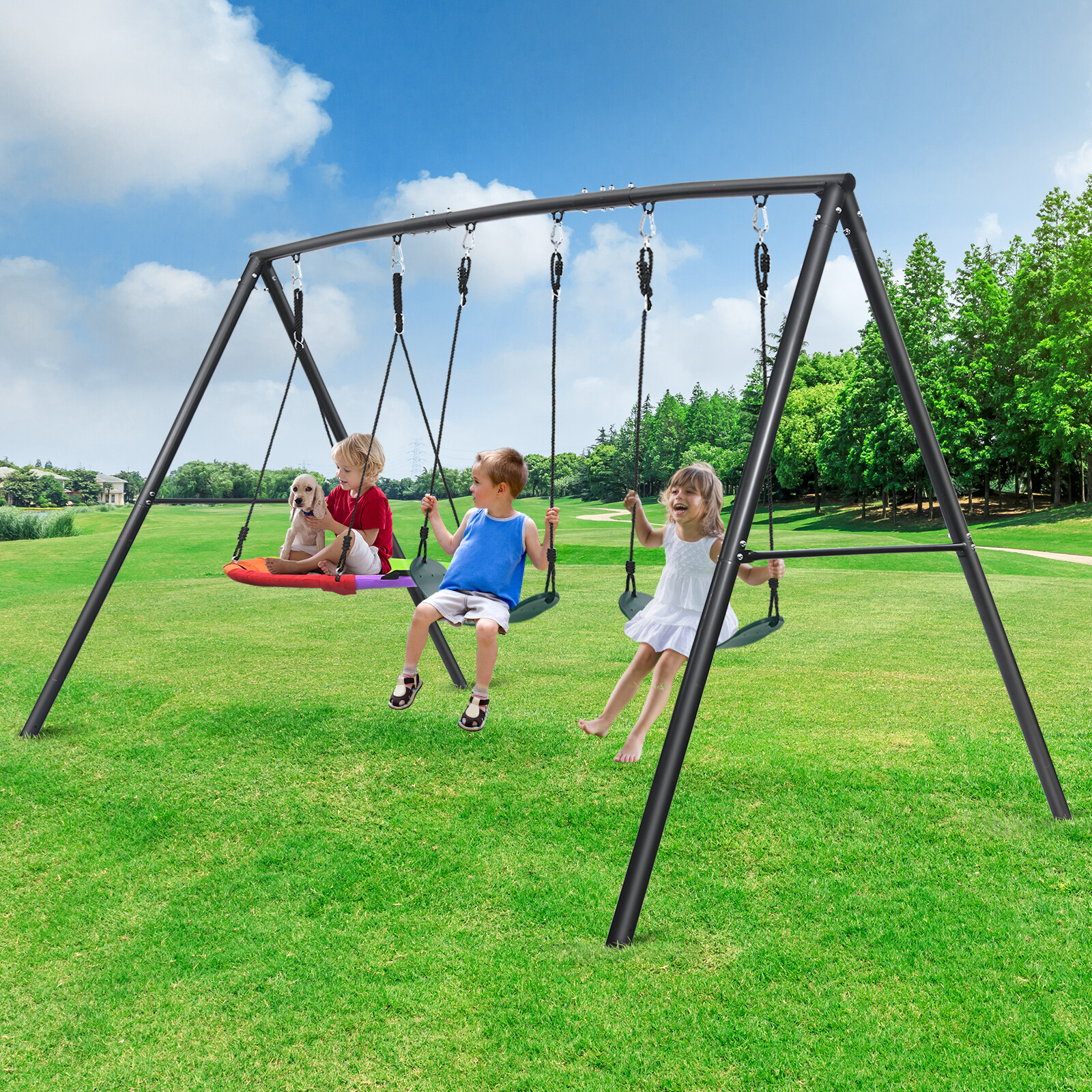 600lb Metal Swing Set for Kids Backyard Swing Set with 3 Swings Heavy Duty Frame