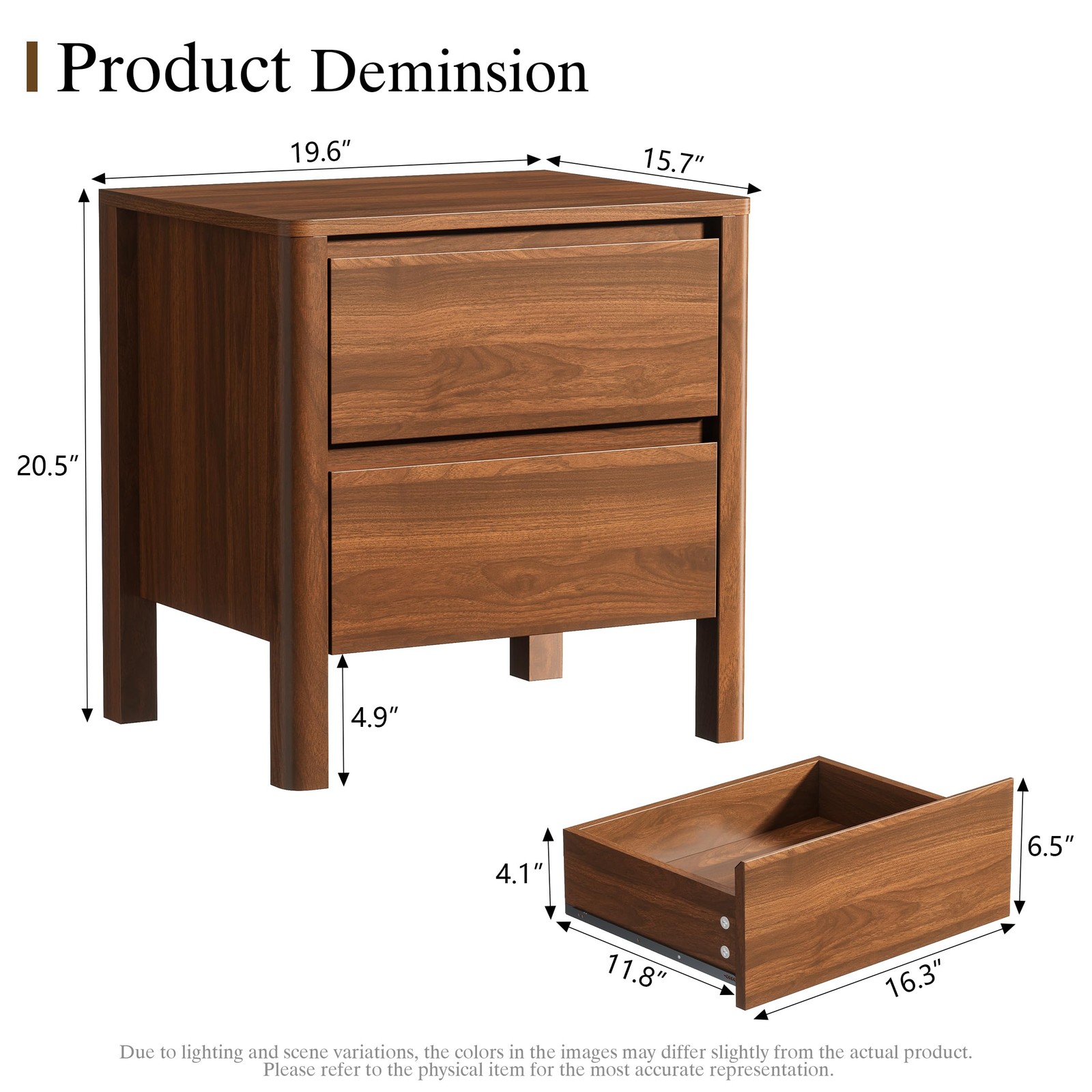 Mid Century Walnut Nightstand with 2 Drawers Modern Wooden Bedside Table