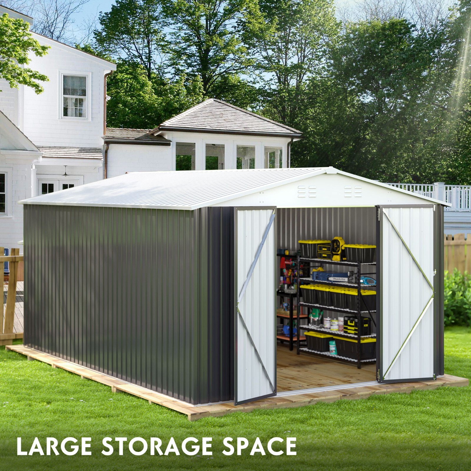 10x14FT Outdoor Metal Storage Shed with Durable Frame and Lockable Door, White