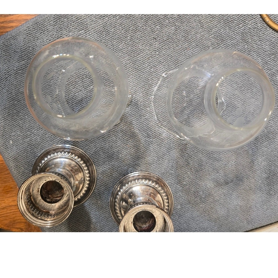 Pr Sterling Silver Hurricane Candleholders w Etched Crimped Shades
