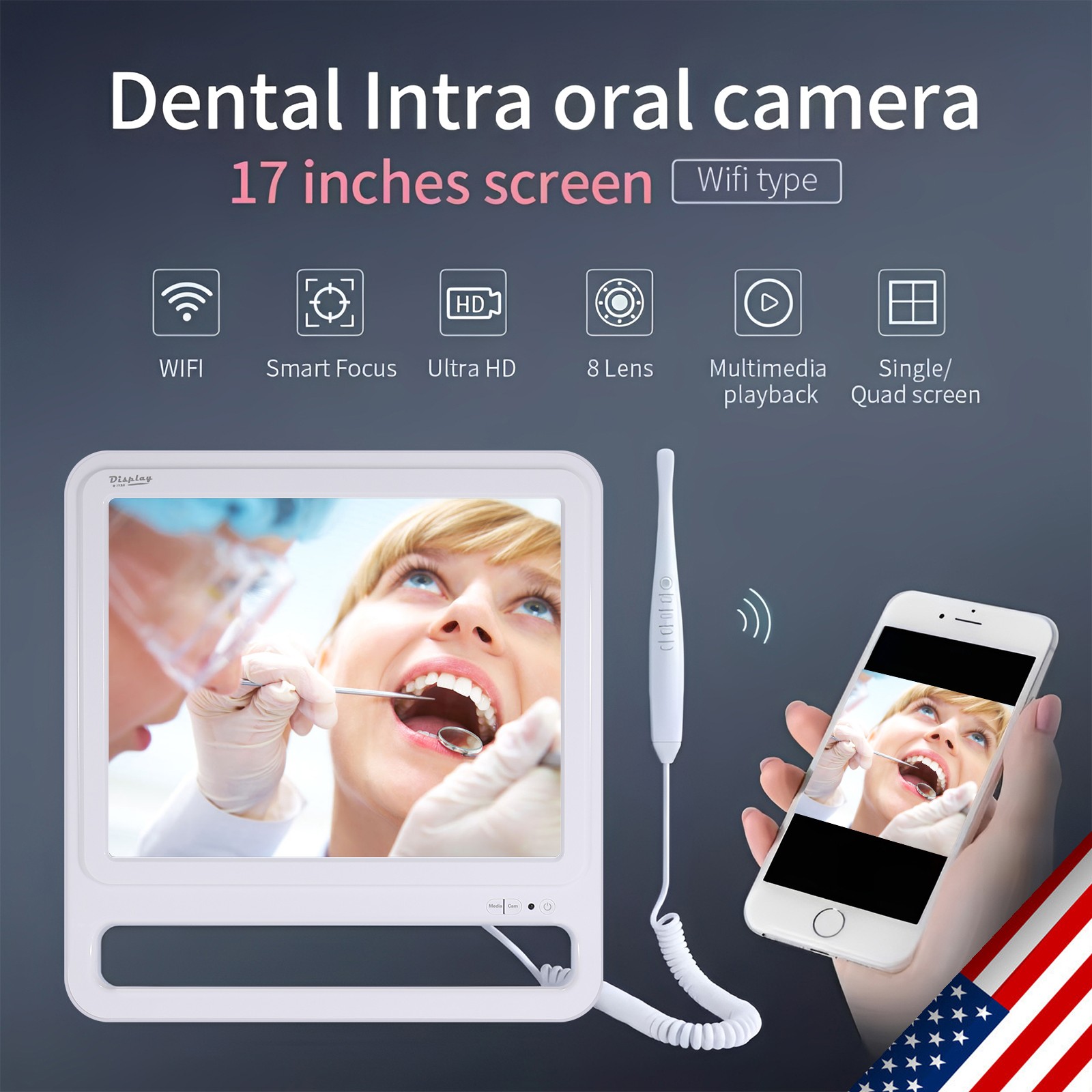 Dental Intra Oral Camera 17 Screen Wifi +Smart Focus + 8Lens+Ultra HD