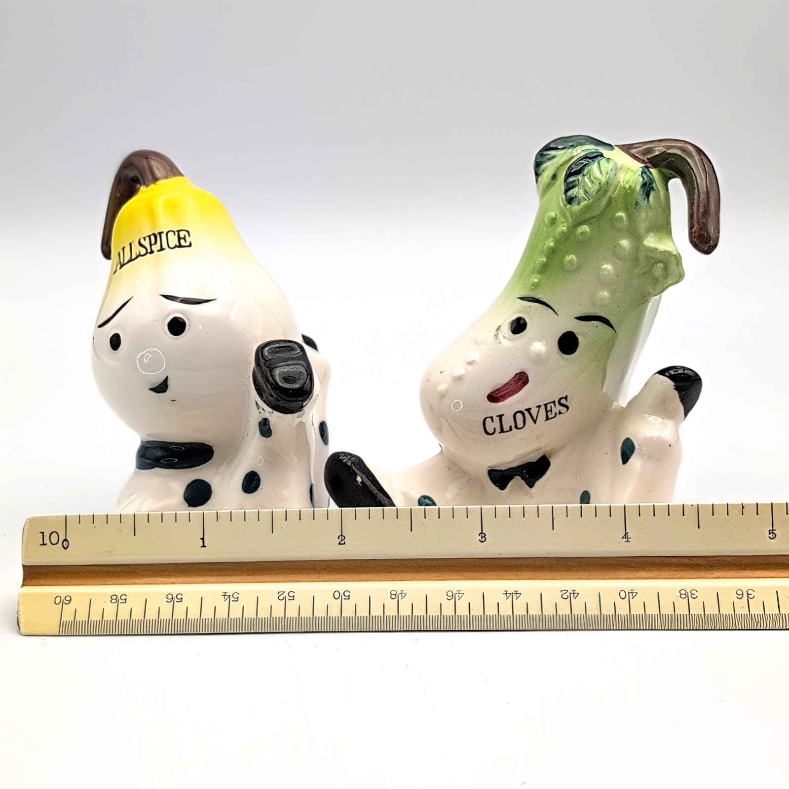 Vtg Japan Anthropomorphic "Allspice" Pear & "Cloves" Pickle Ceramic Spice Shaker