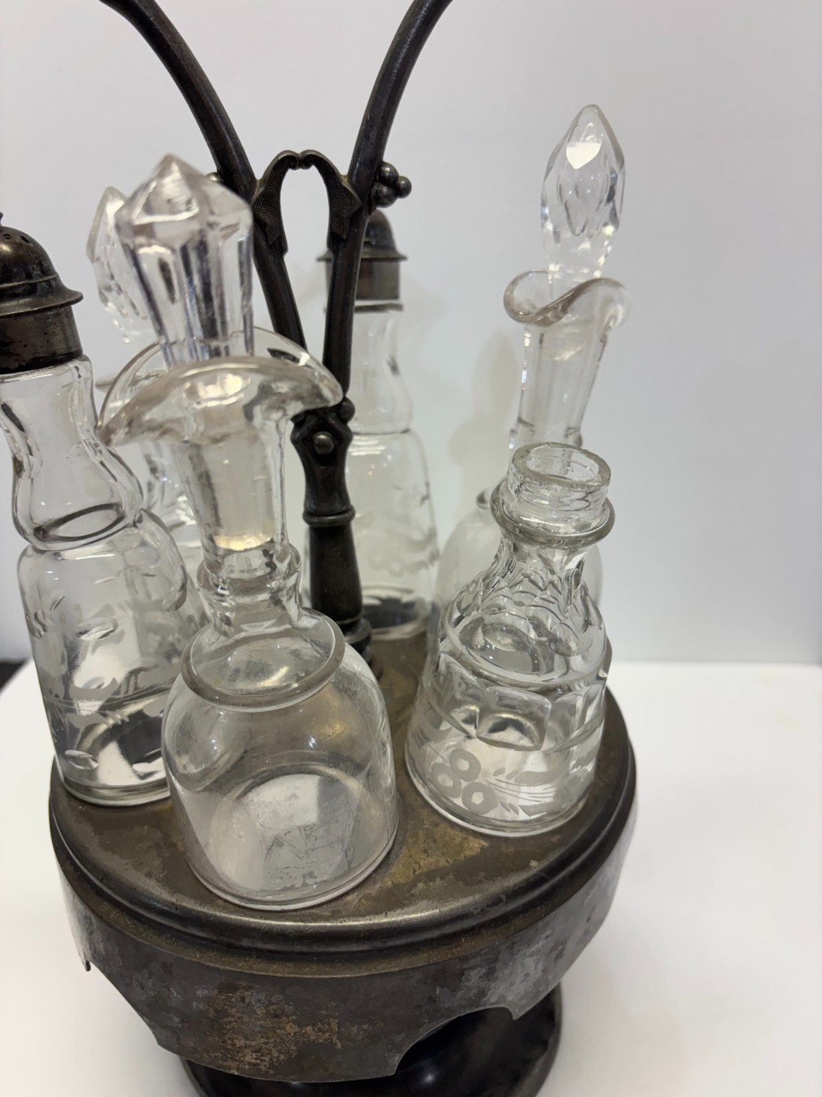 Antq. 1861 SIMPSON HALL MILLER, Treble Pl Silver 7 pc CRUET CONDIMENT Caddy Set