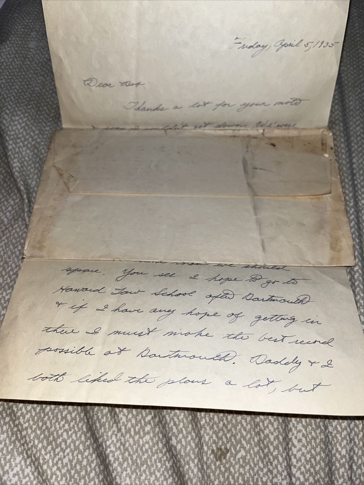 1935 Depression Era Dartmouth College Student Letter, Desires Harvard Law School