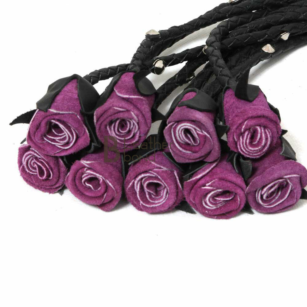 Real Genuine Cow Hide Leather Flogger 9 Braided Falls Heavy Purple Roses & Studs