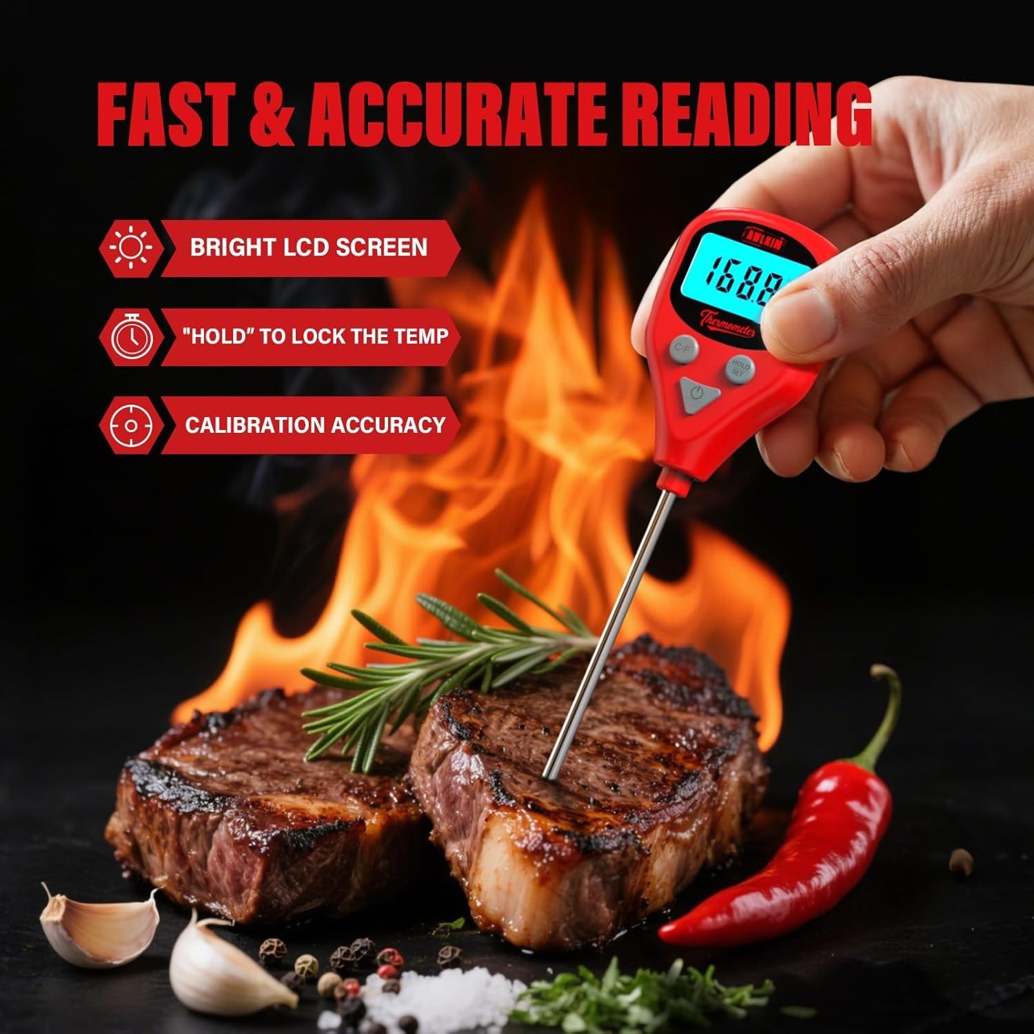 Rechargeable Digital Meat Thermometer with 3.3ft External Probe- Waterproof