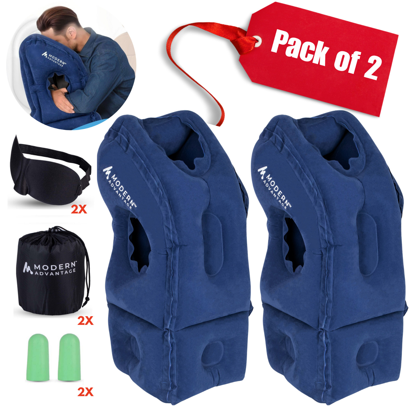 Inflatable Travel Pillow with Raised Bottom Pack of 2 (Blue) FREE SHIPPING