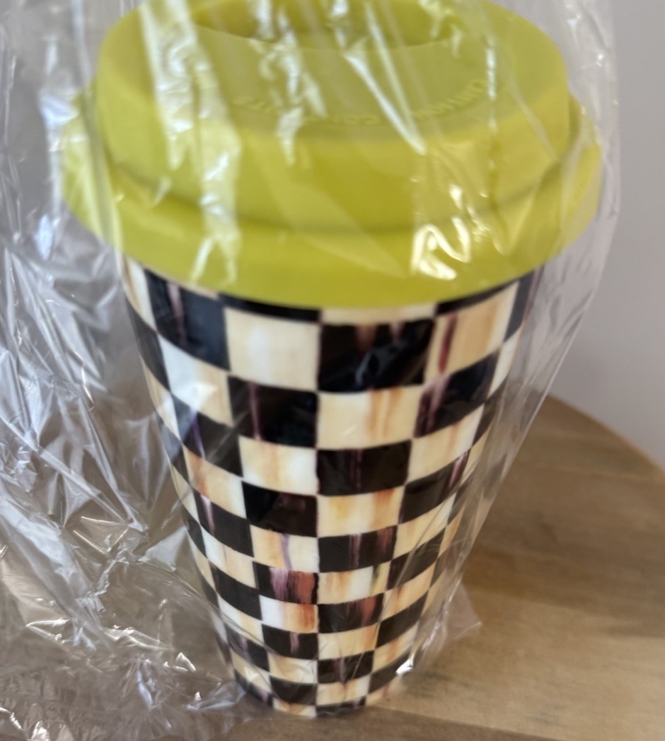 Retired Mackenzie Childs Courtly Check Porcelain Travel Mug New In Box
