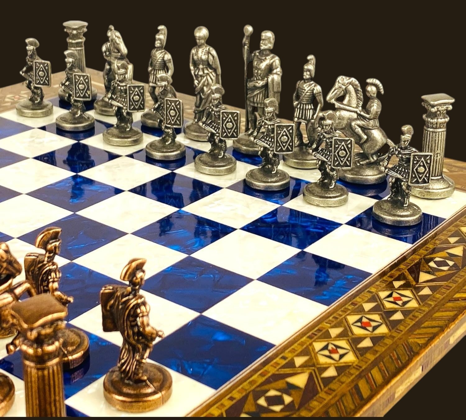 Chess Set Handmade Roman Empire Bronze Pieces Inlaid Board - Christmas Gift🎁