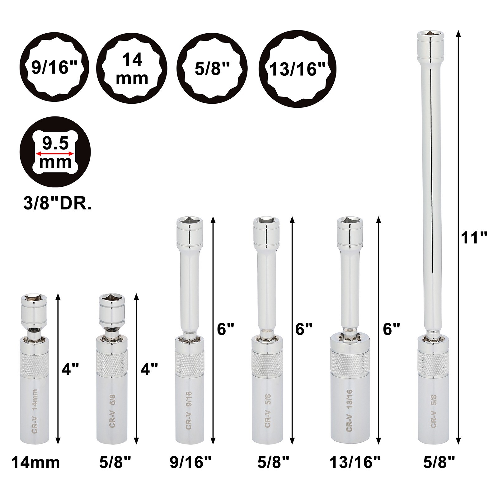 6PC 3/8"Dr. Magnetic Swivel Spark Plug Socket Set Include 9/16" 5/8" 13/16" 14mm