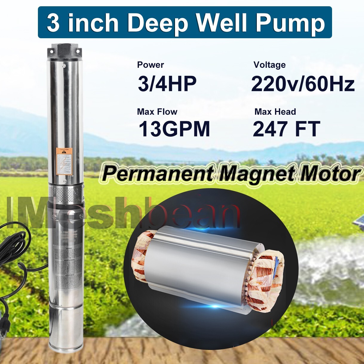 3" Deep Well Submersible Pump,3/4 HP ,220V, 13 GPM, 247 ft MAX,60Hz, 1 in NPT