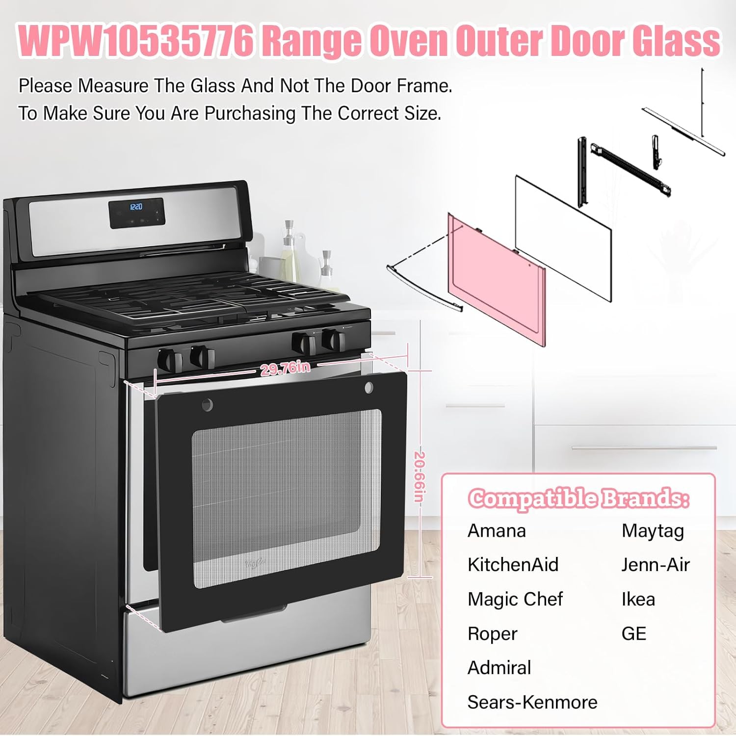 New WPW10535776 Range Oven Outer Door Glass Fit Whirlpool WPW10535776