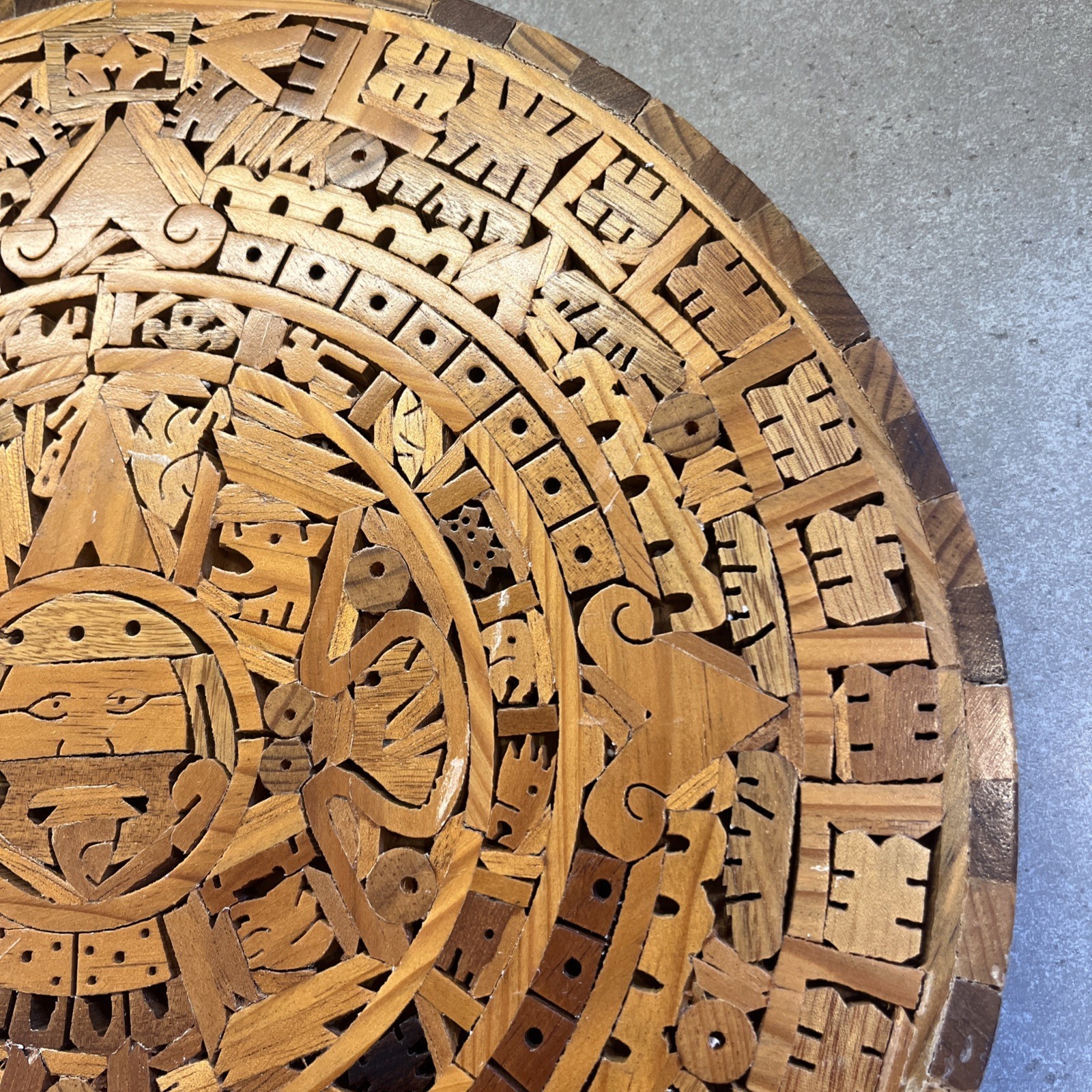 Vintage Aztec Mayan Calendar Mexico Inlaid Wall Hanging 13” Solid Wood