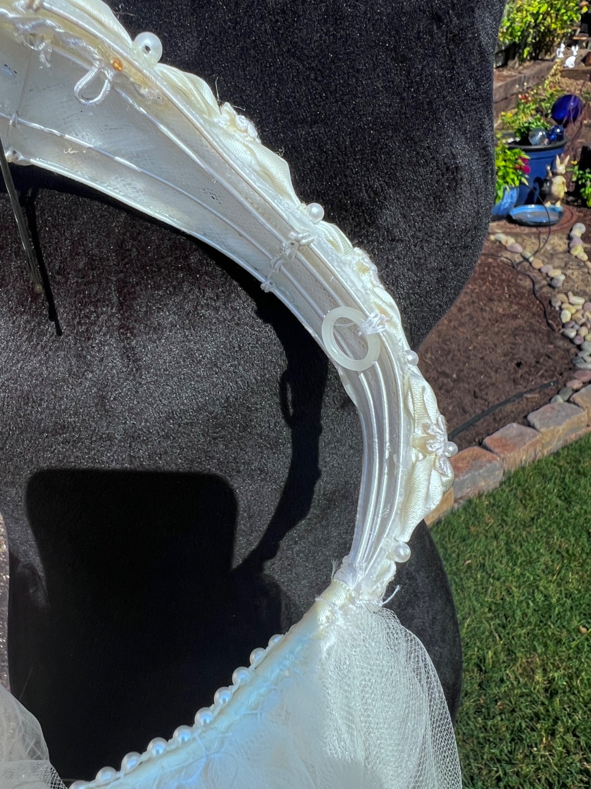 Vintage White Wedding Veil With Pearl & Beaded Headband Double Layer Satin Edge