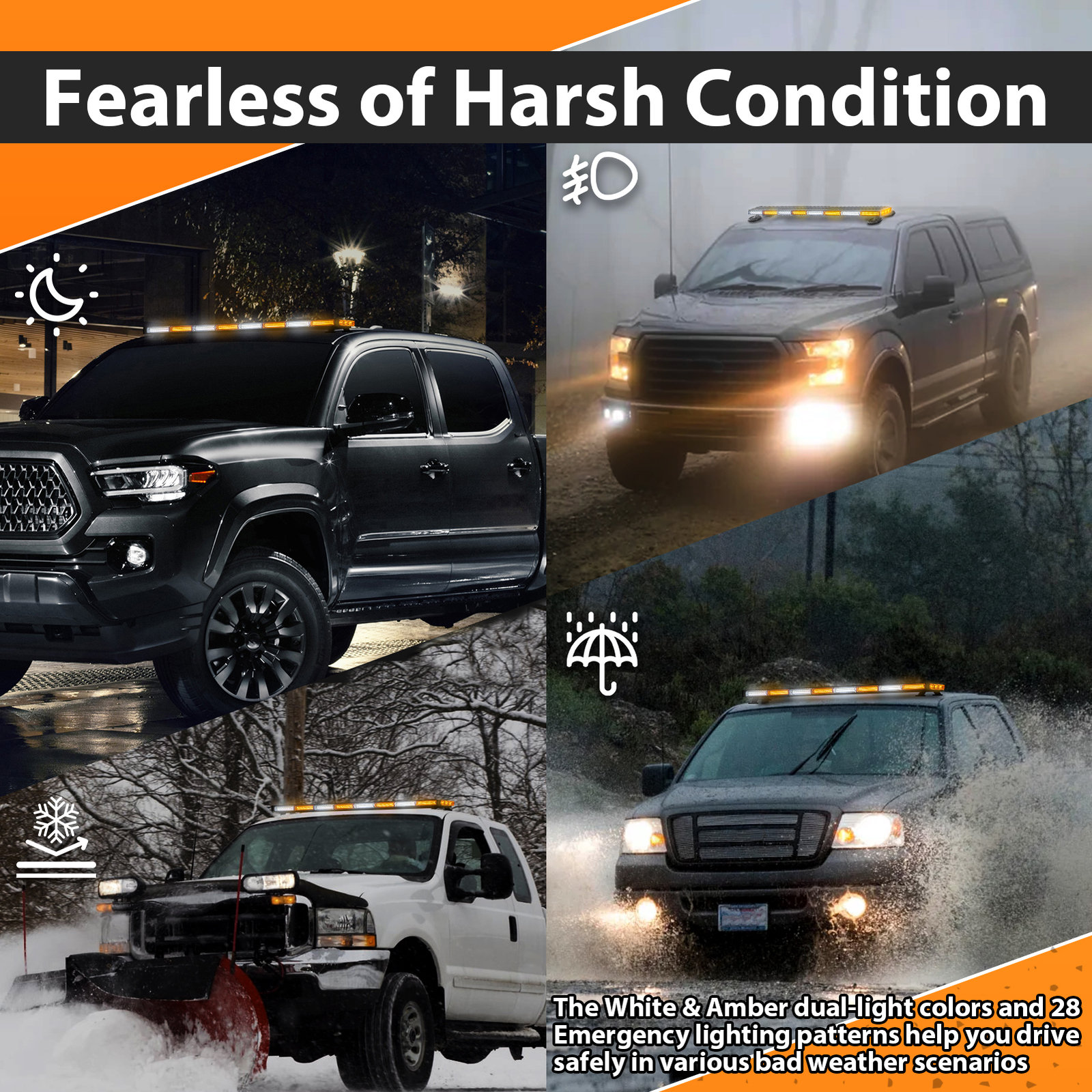 COB LED 50'' Amber White Strobe Light Bar Emergency Warning Tow Truck Response