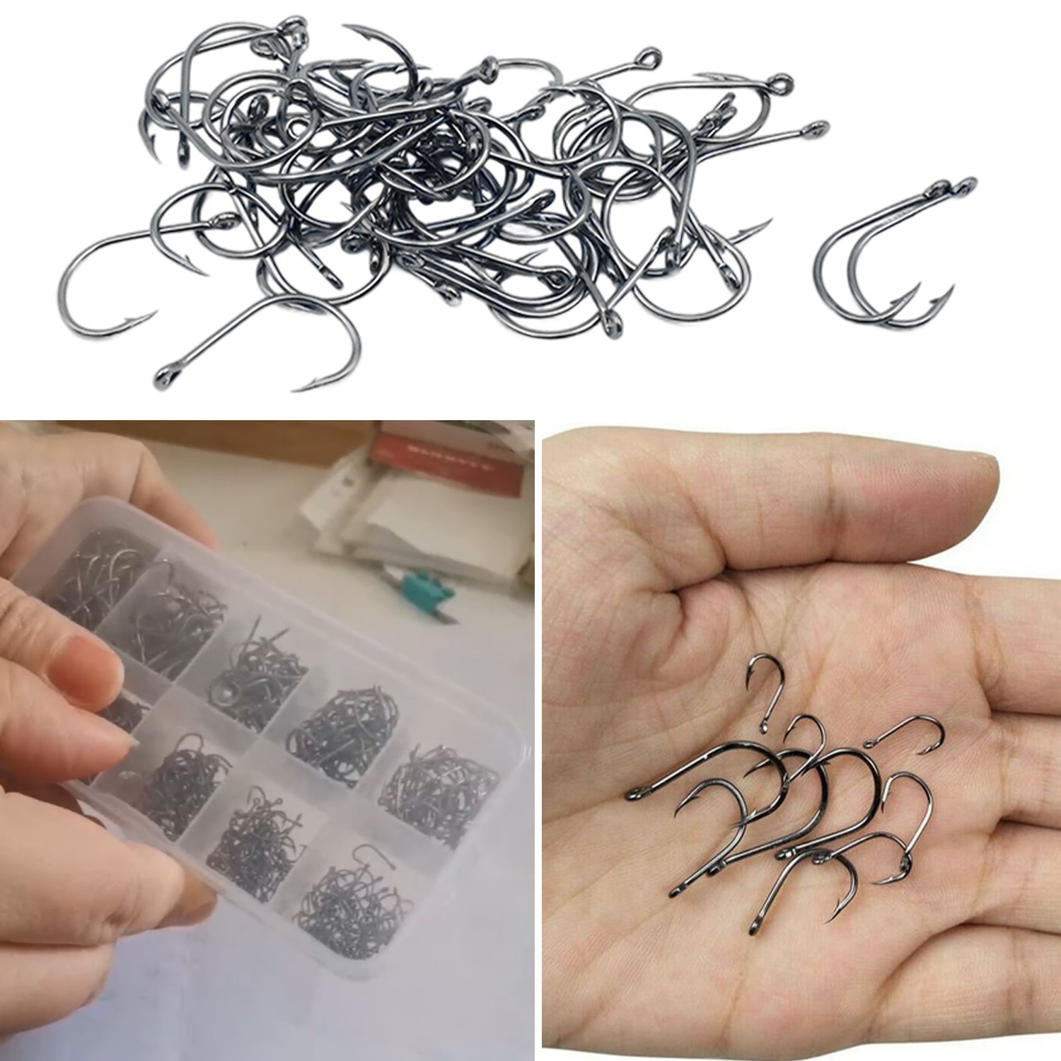 500 PCS Fish Hooks 10 Sizes Fishing Black Silver Sharpened With Box Quality kit