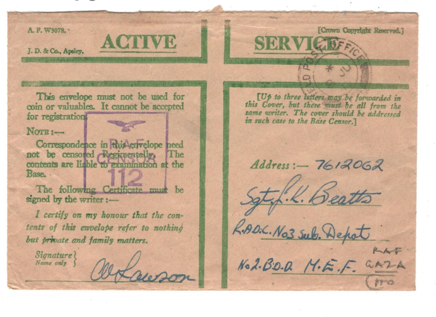 PALESTINE WW2 GB Forces *RAF GAZA* (Reverse) CENSOR 112 Cover 1943 FPO.257 MA10