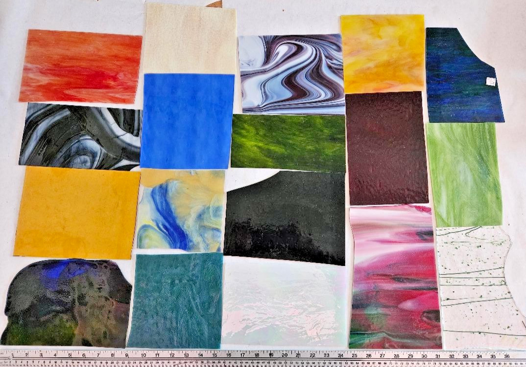 9 & 1/3 Pounds of Assorted Multicolor Stained-Glass Large Scraps/Sheets