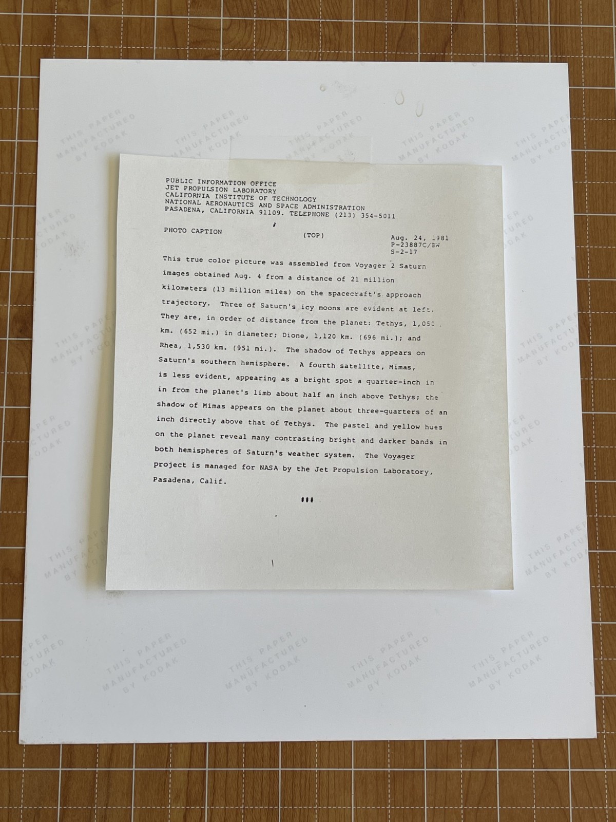 VINTAGE SPACE NASA PHOTO SATURN VOYAGER JPL KODAK PAPER