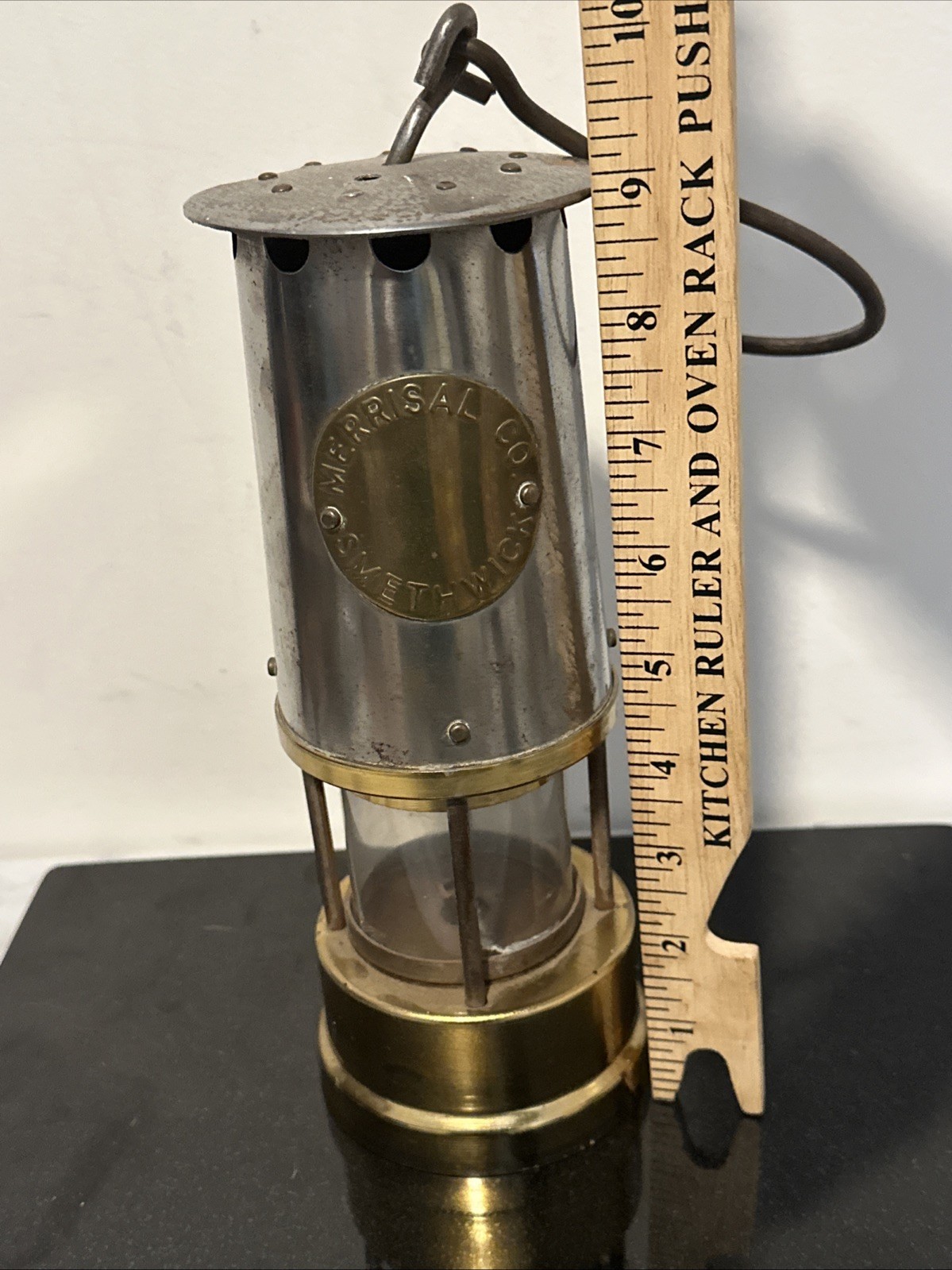 ANTIQUE MINER’S LAMP Merrisal Co. Smethwick Marking Brass Glass Insert READ