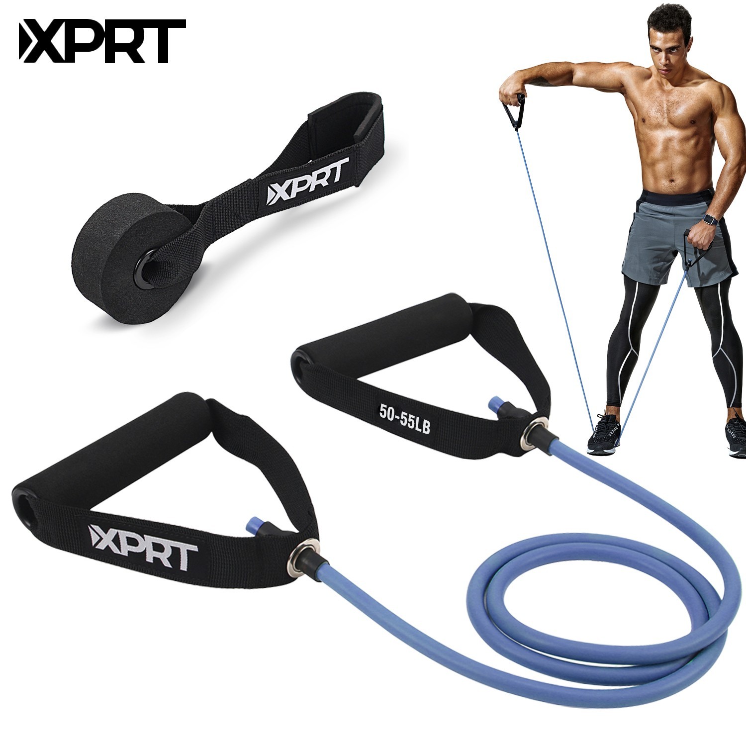 XPRT Fitness Resistance Tube Band w/ Handles & Door Anchor–Durable Natural Latex