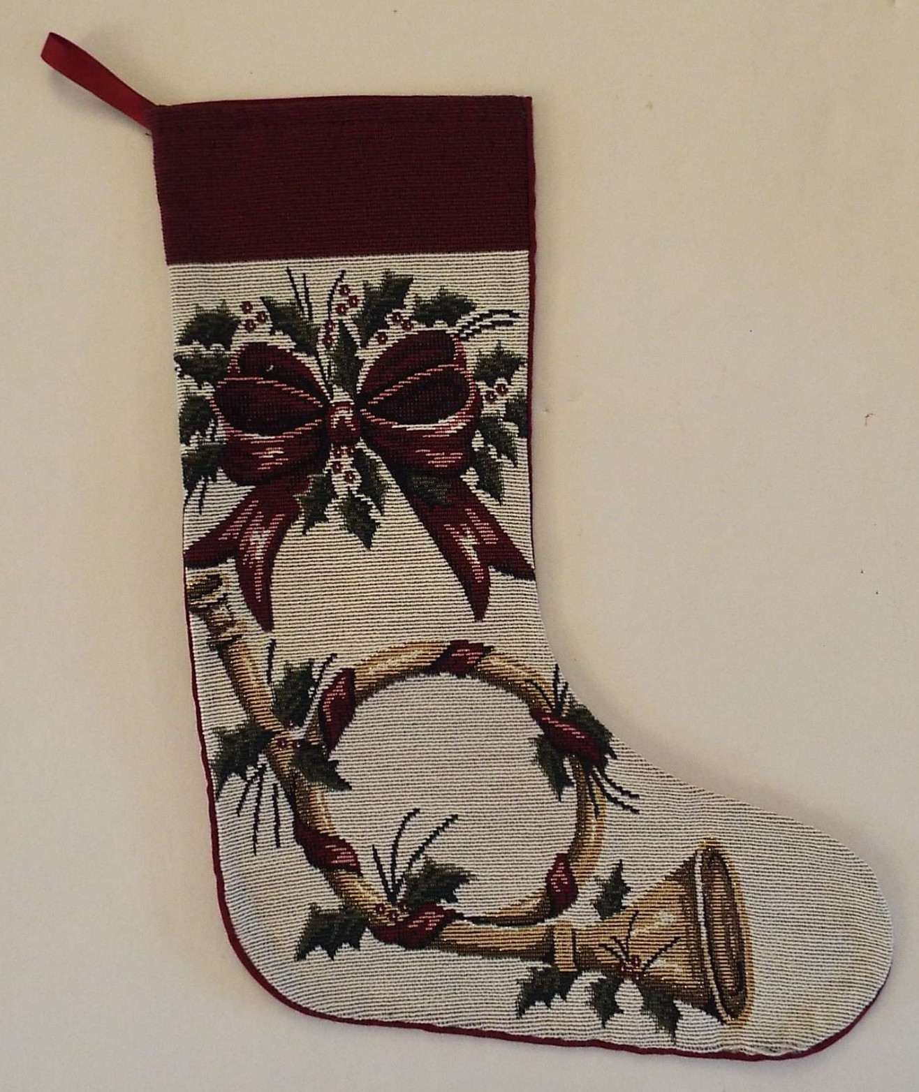 Riverdale Christmas Stocking Holiday Horn Vtg Gold Maroon Green 17"