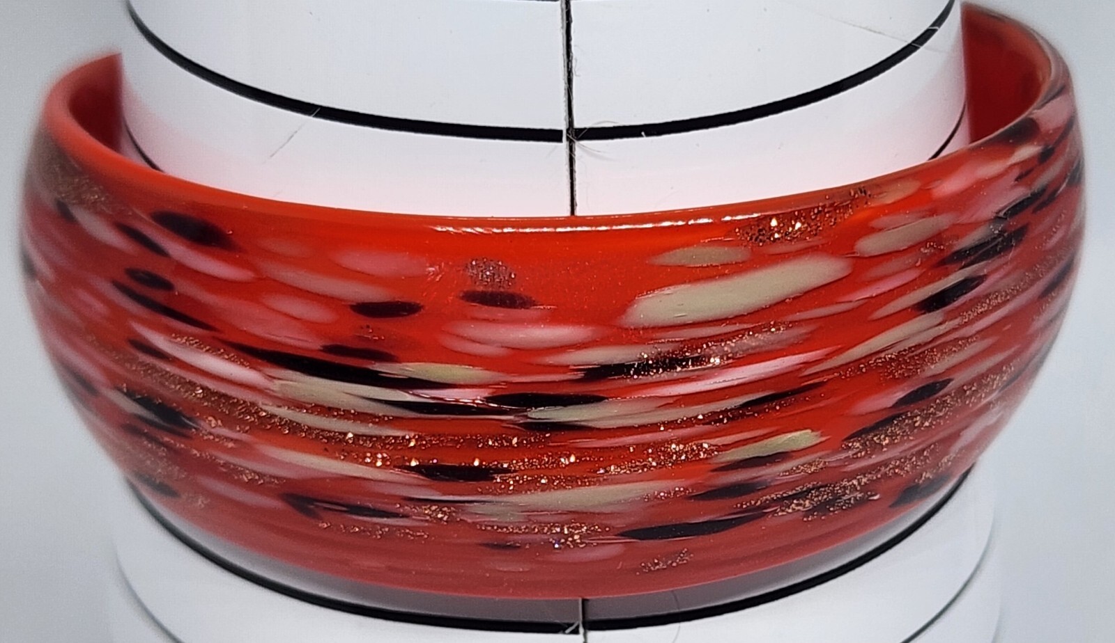 Red Black Beige Glass Cuff Bracelet with Gold Glitter Pre-Owned