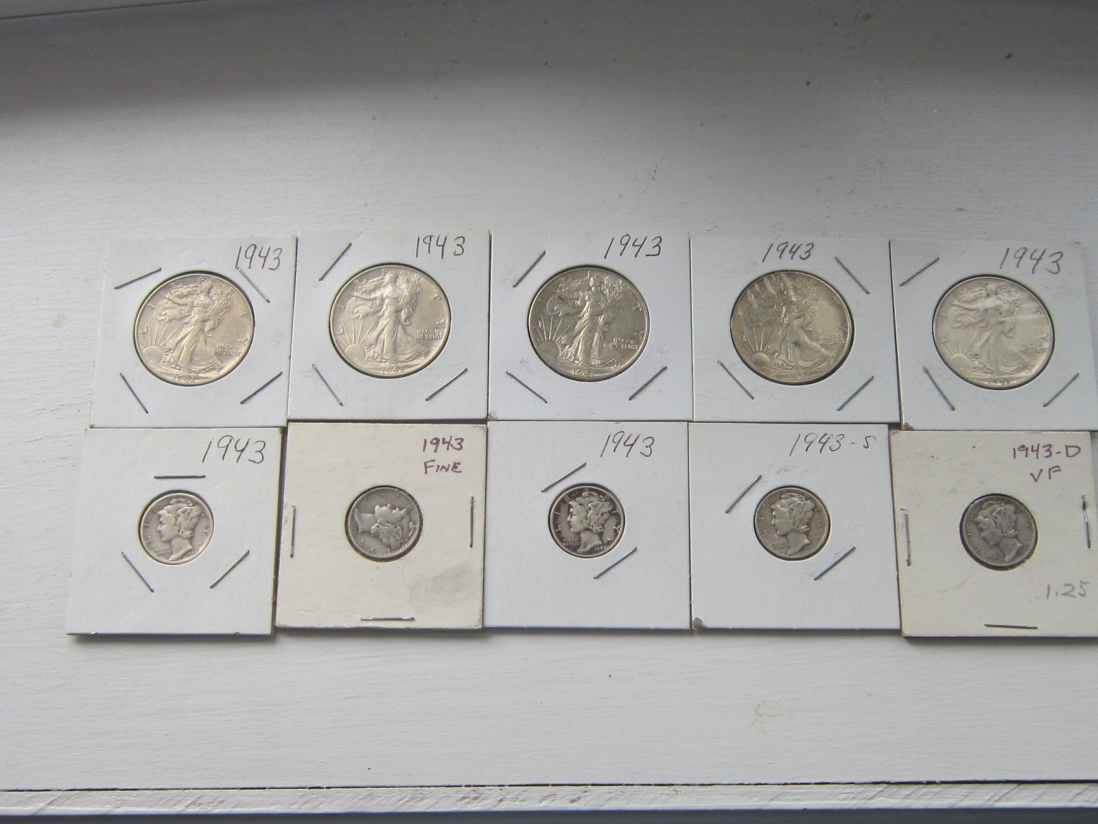 Five 1943 WALKING LIBERTY  Half Dollar Silver Coins  & FIVE 1943 Mercury Dimes