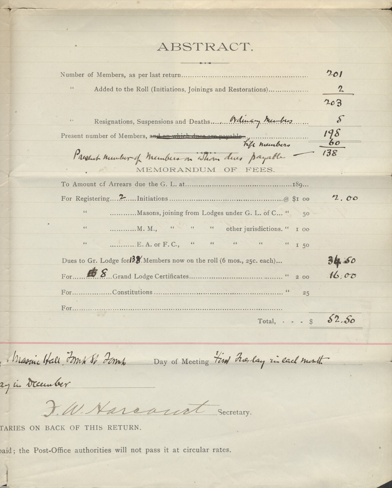 1895 1c Small Queen Circular Grand Lodge of Canada Hamilton Squared Circle