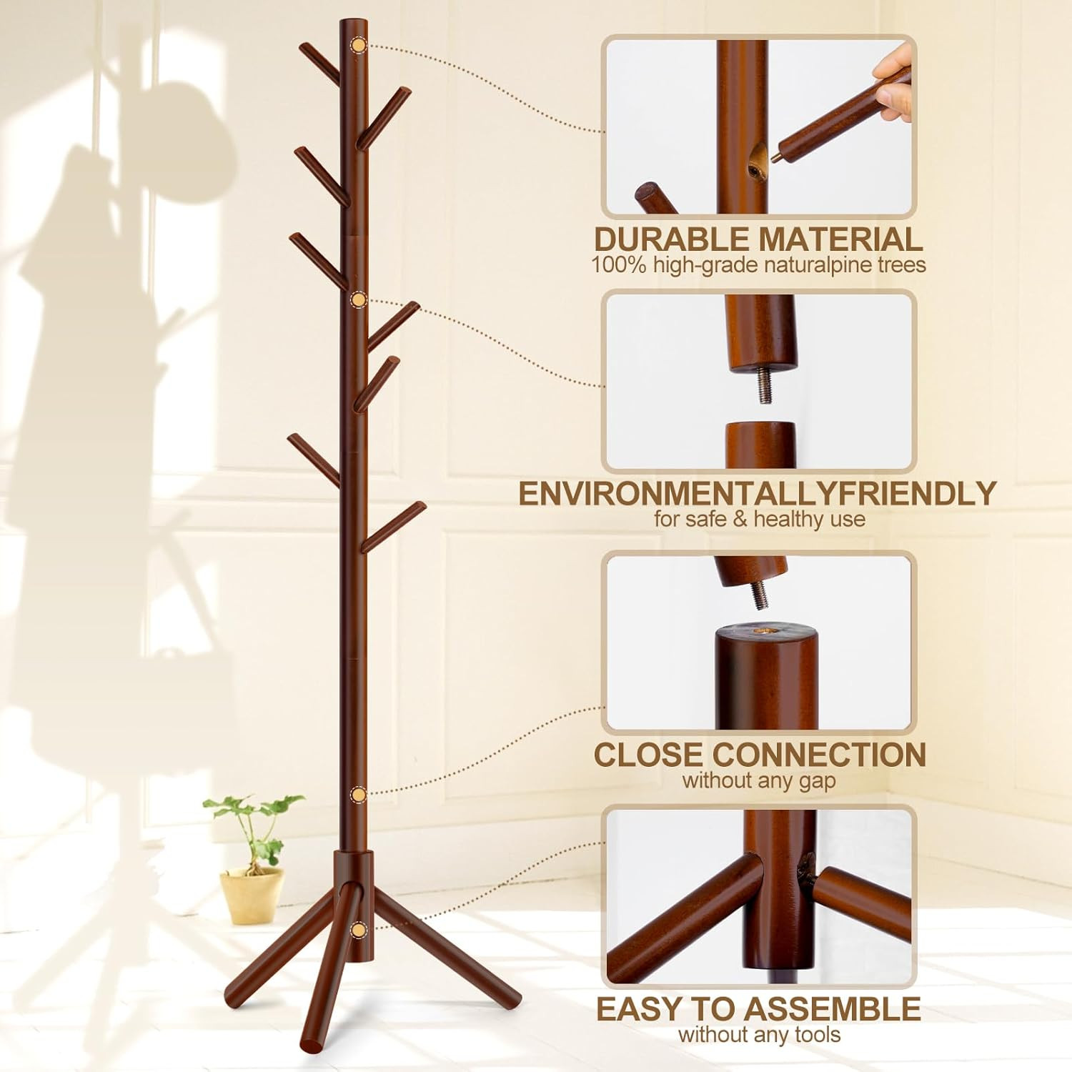 Solid Wooden Coat Rack Freestanding, New Zealand Pine Coat Tree with 8 Hooks & 3
