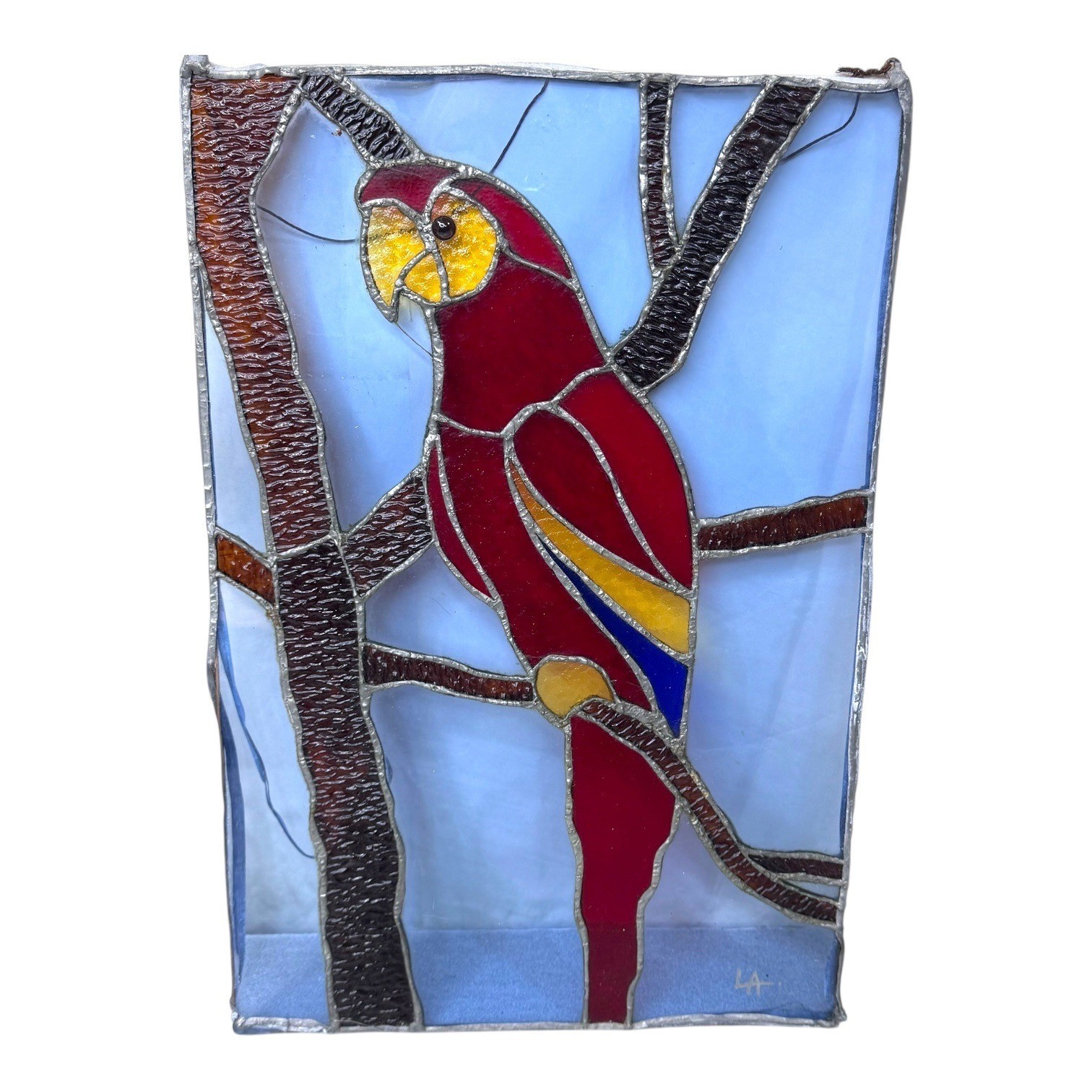 Handcrafted Signed Stained Glass Scarlet Macaw Parrot Wall Art Artisan Panel 18"
