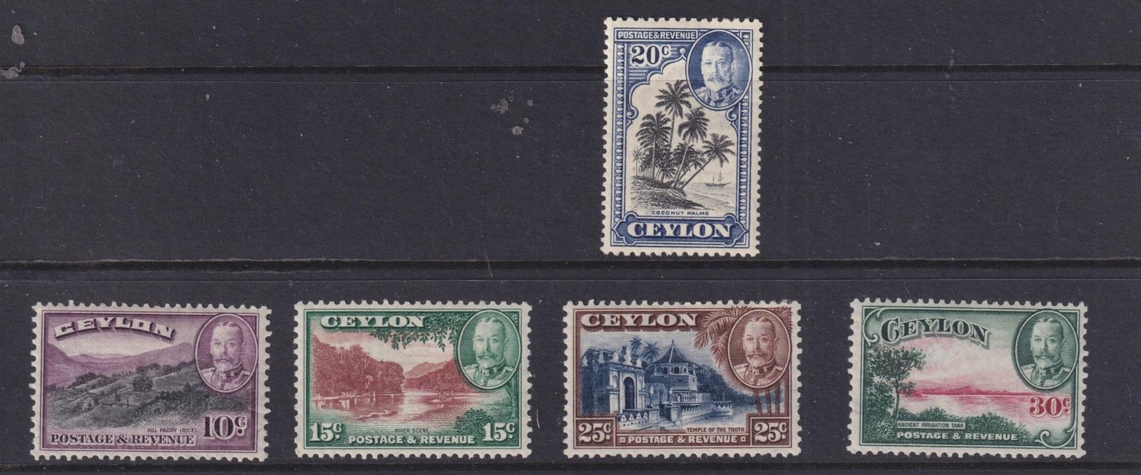 CEYLON, 1935 KGV 10c., 15c., 20c., 25c. & 30c., lhm.
