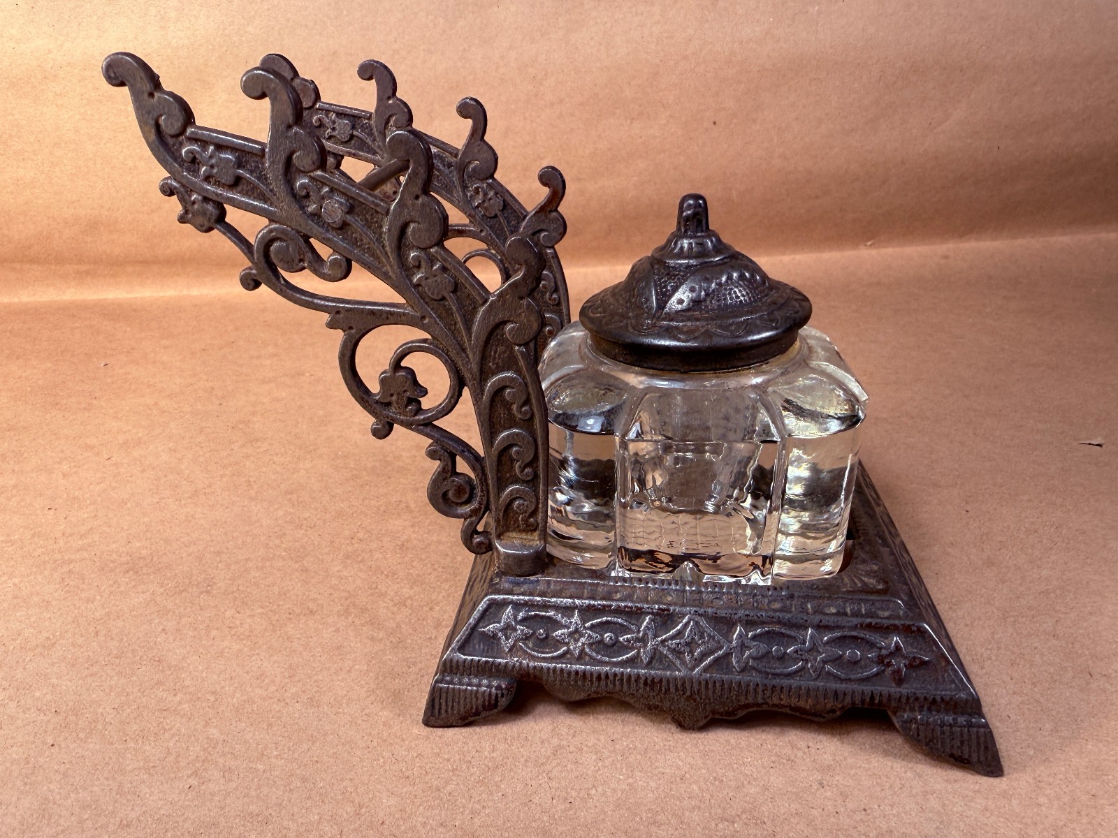 Antique Victorian Cast Iron Inkwell and Pen Holder with Glass Inkwell