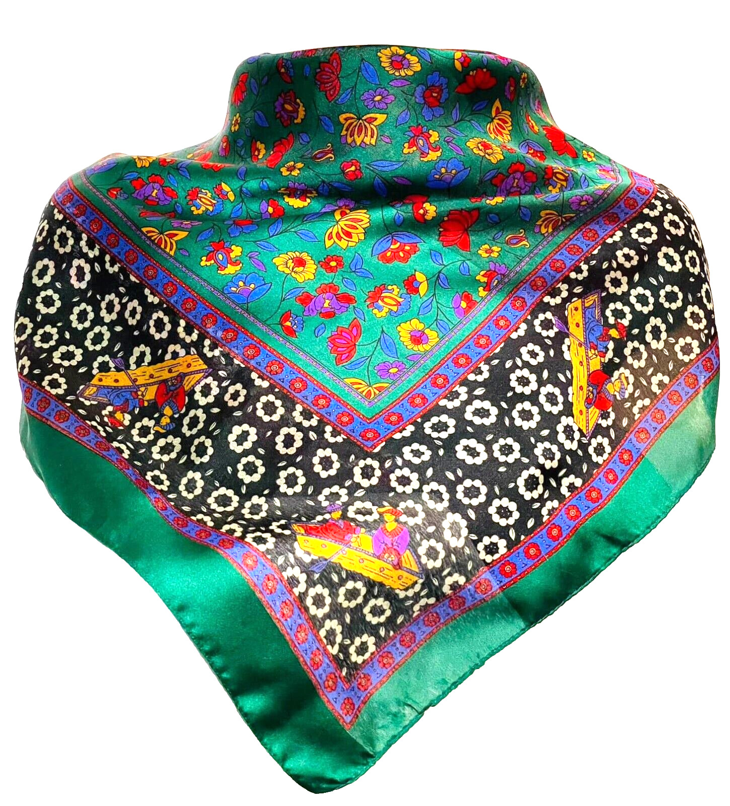 VTG Italy Square Scarf Asian Motif Couple in Boat Lotus Flowers Green 31x31"