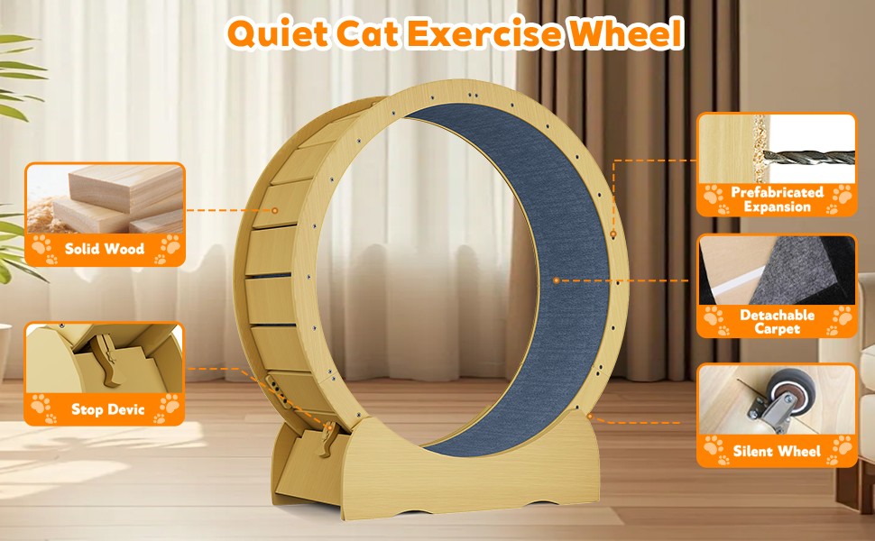 42"Cat Exercise Wheel for Indoor Cats with Detachable Carpeted Runway Solid Wood