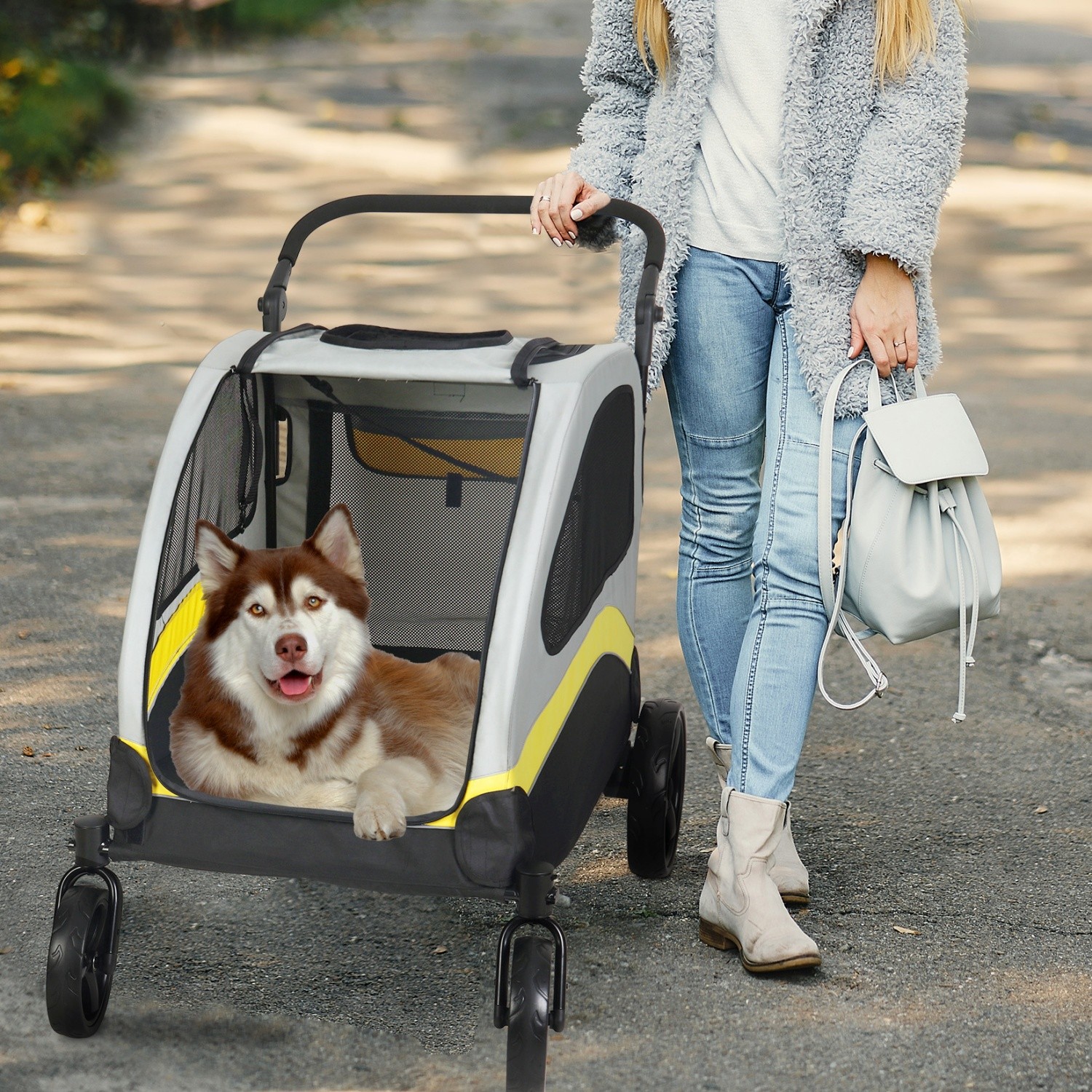 Foldable Large Pet Jogger Wagon Stroller with 4 Heavy Wheels Adjustable Handle
