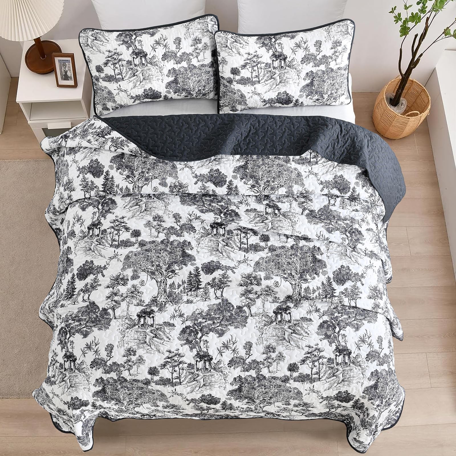 WONGS BEDDING Botanical Quilt Set Full Size, Black 3 Pieces Toile Floral Plants