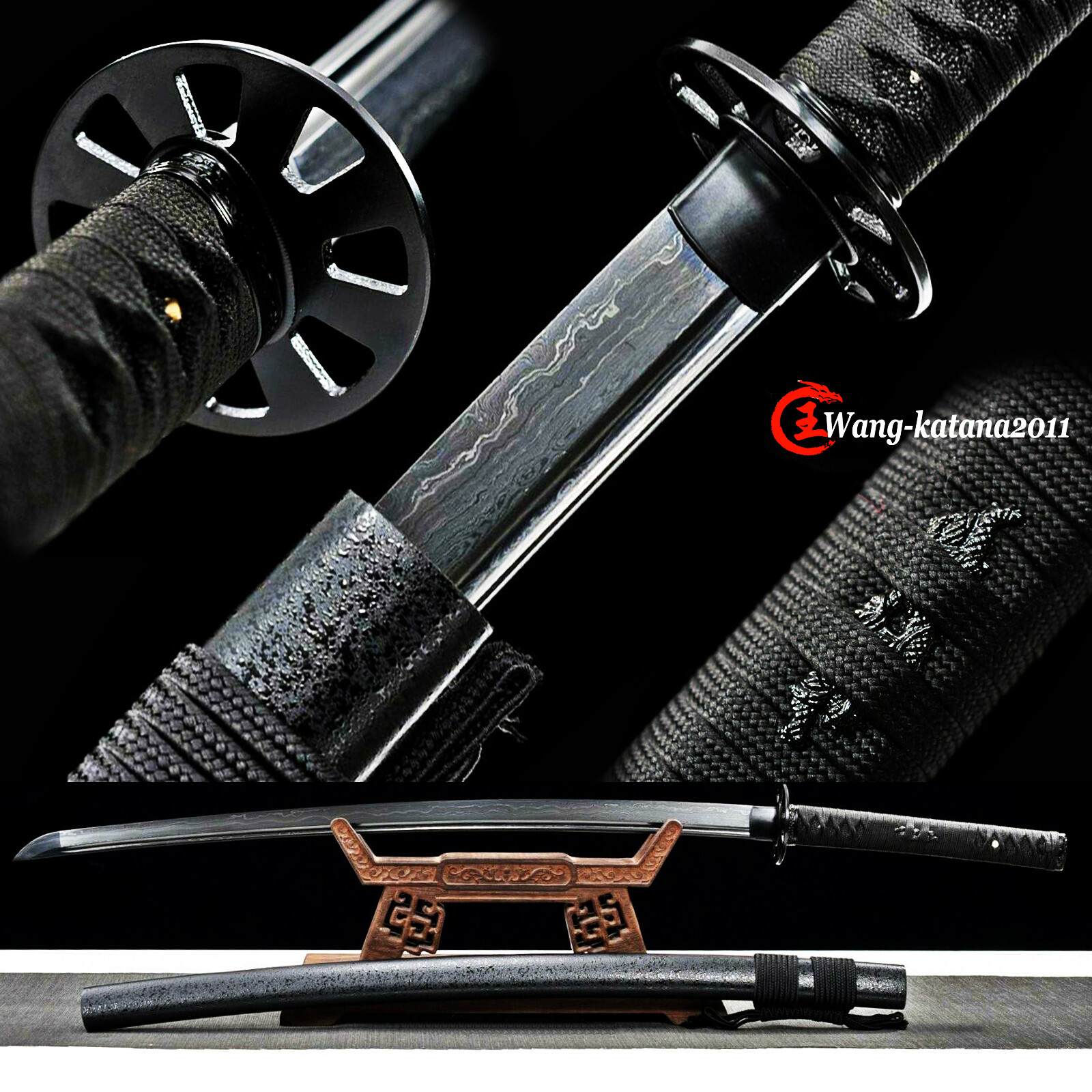 All Black Functional Sharp Japanese Samurai Katana Sword Damascus Folded Steel