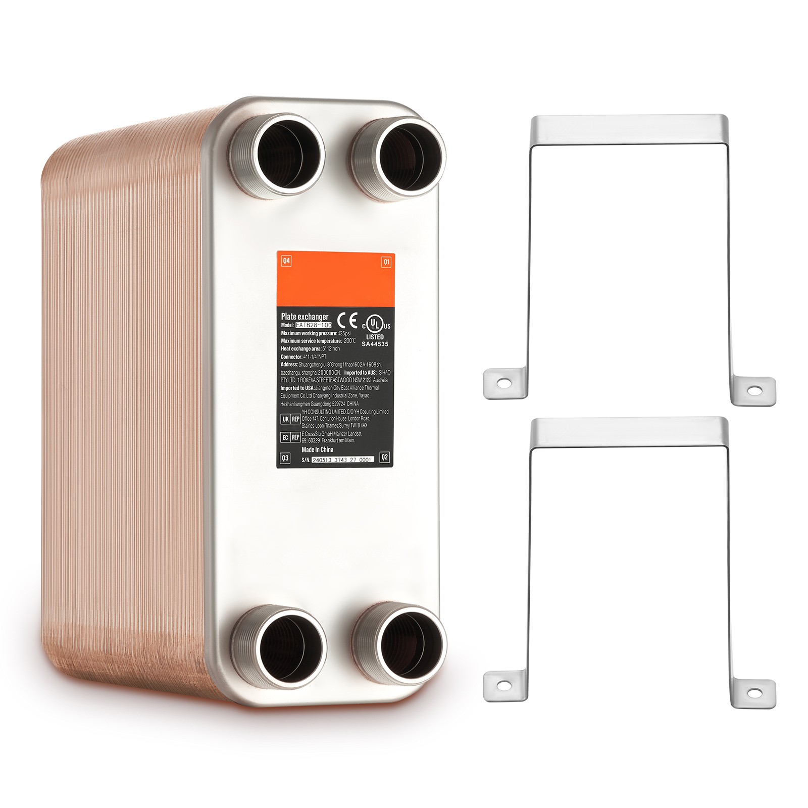 Uimoso 30-100Plate Heat Exchanger 4*1-1/4" MNPT Ports 5x12" Brazed 316L St Steel