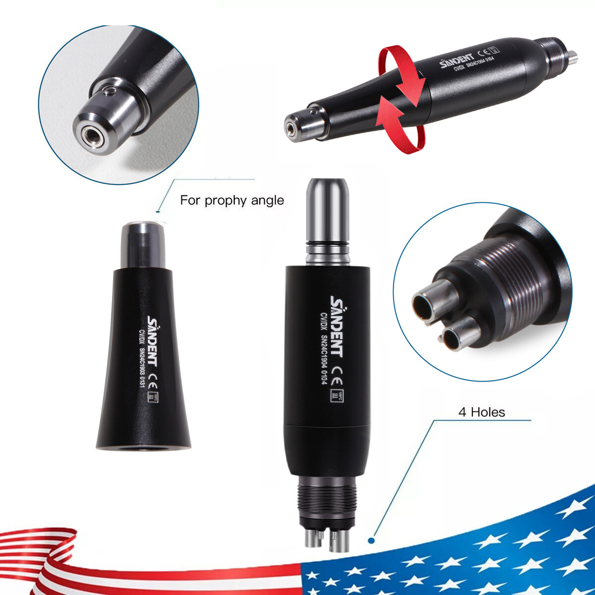 360° Swivel Dental Hygiene Prophy Handpiece Air Motor 4:1 Cone 4 Holes 4000 rpm