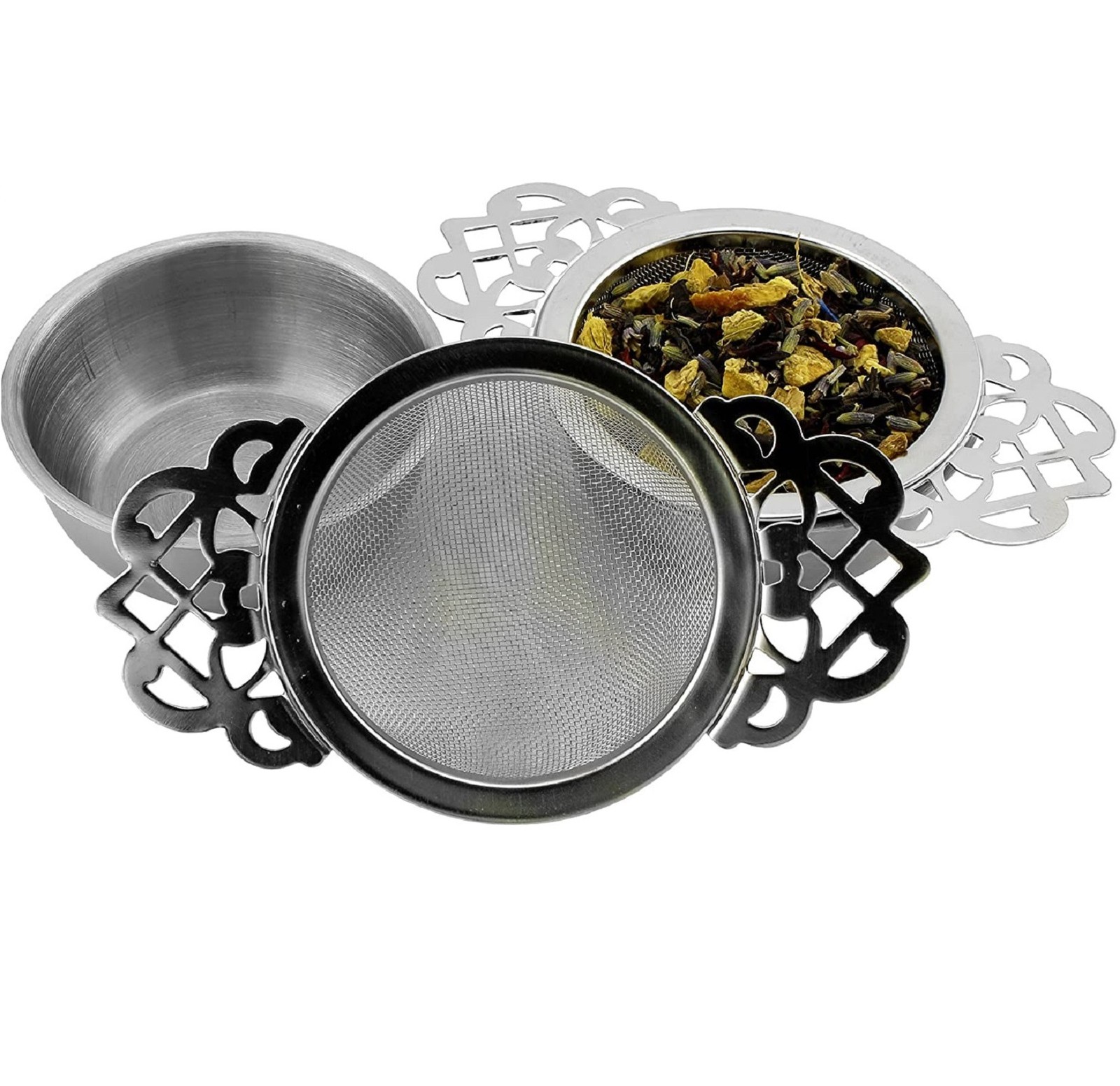 Empress Tea Strainers with Drip Bowls, 2pk Stainless Steel for Loose Leaf Tea