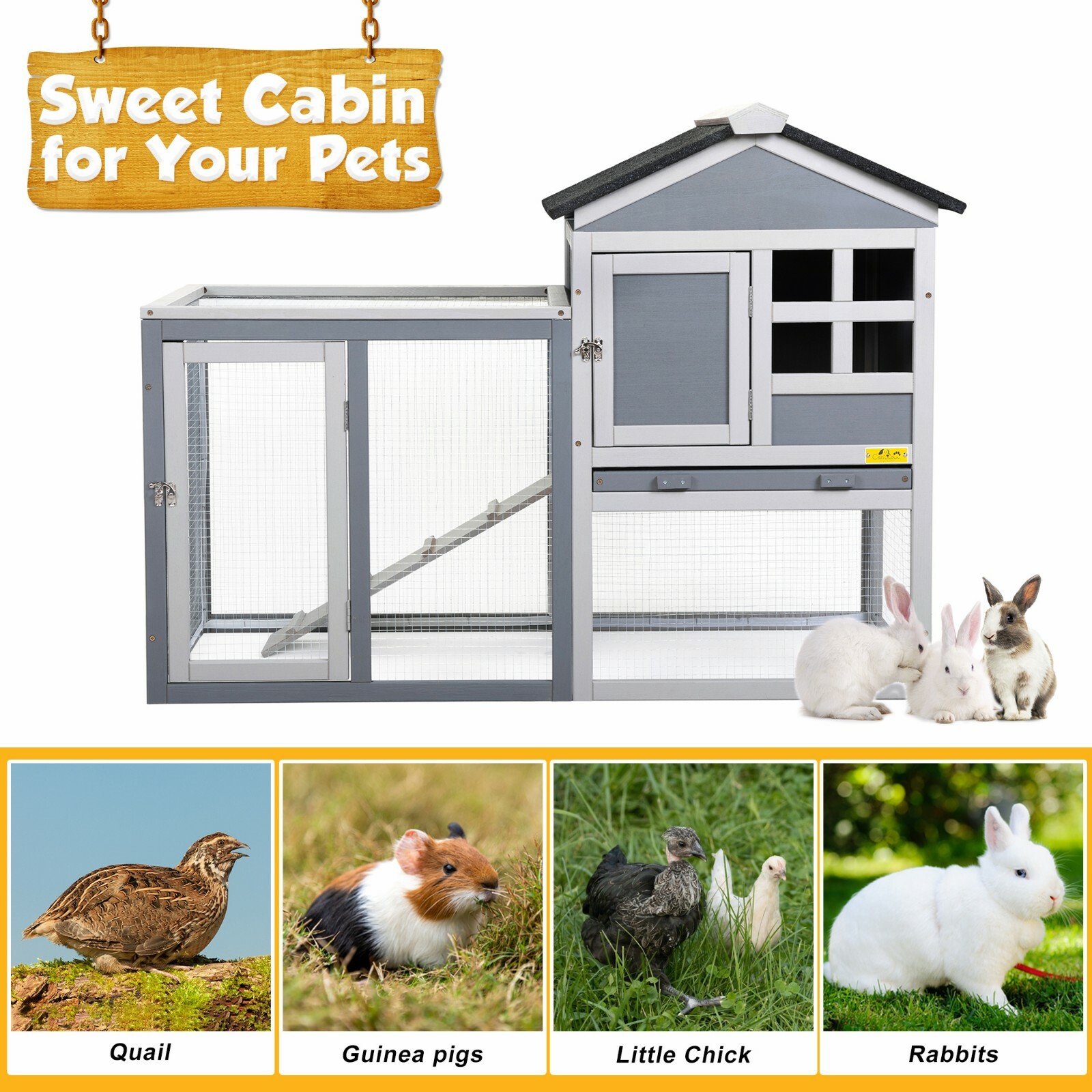 2-Tier Rabbit Hutch Wooden Bunny Cage Pet Cage with Run Resting Box Outdoor