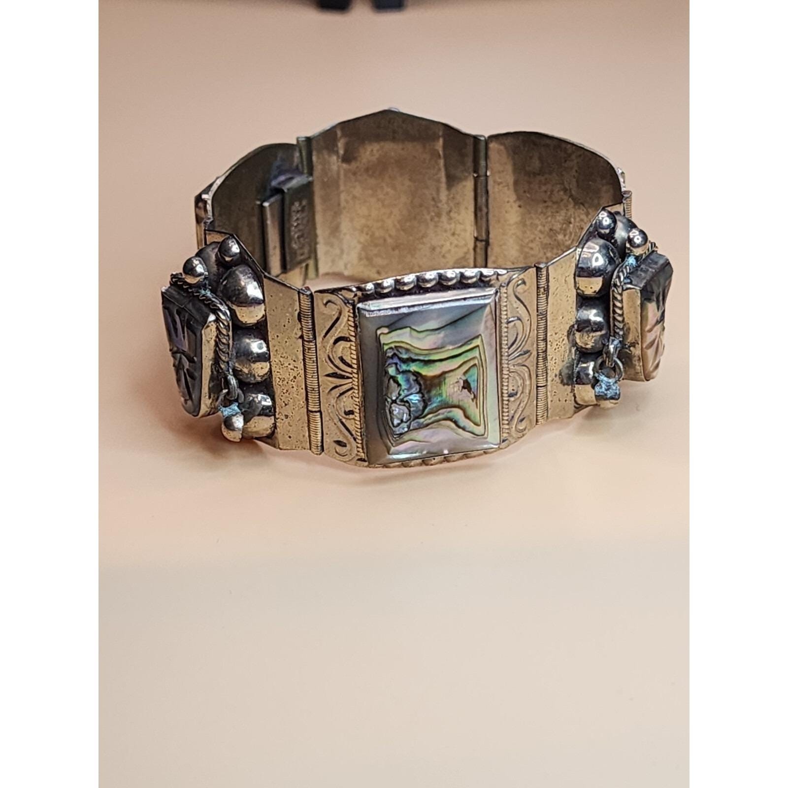 70 Yr Old TAXCO MEXICO Sterling Silver Abolone Bracelet & Earrings Set 61.66 Gr.