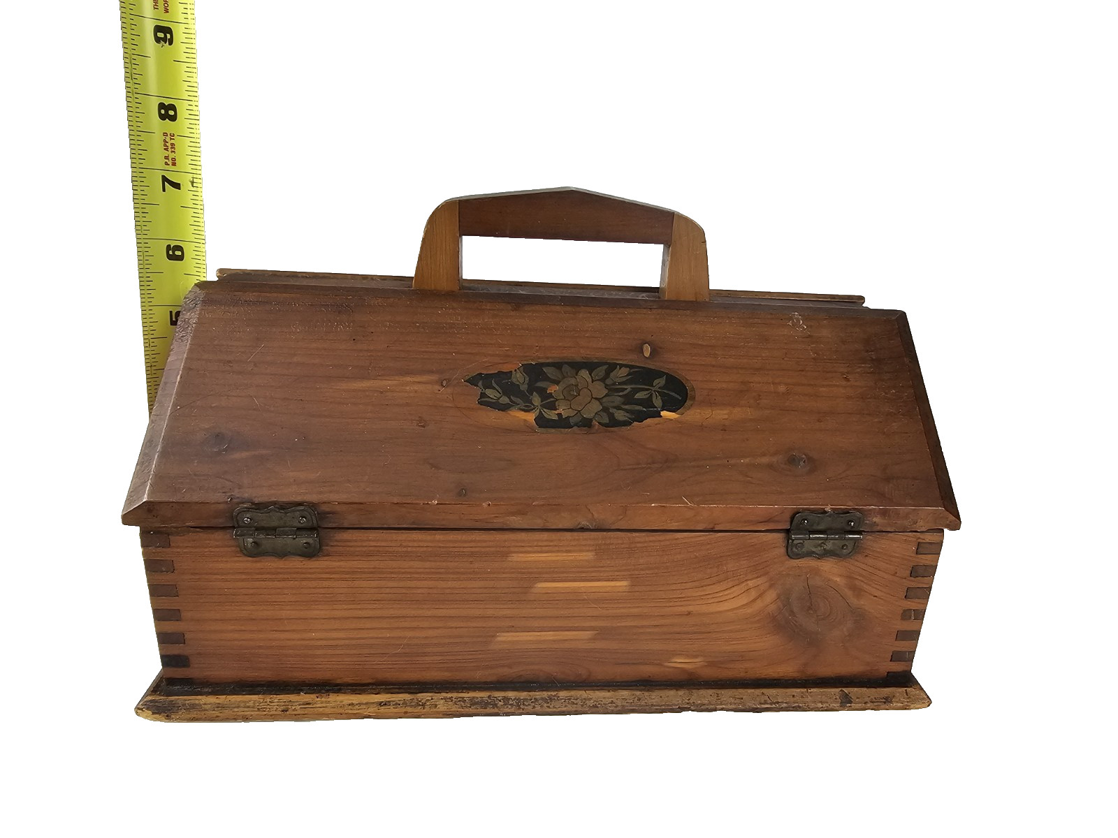 Vintage Wooden Sewing Jewelry Keepsake Box w Handle Floral Decal Craft Storage