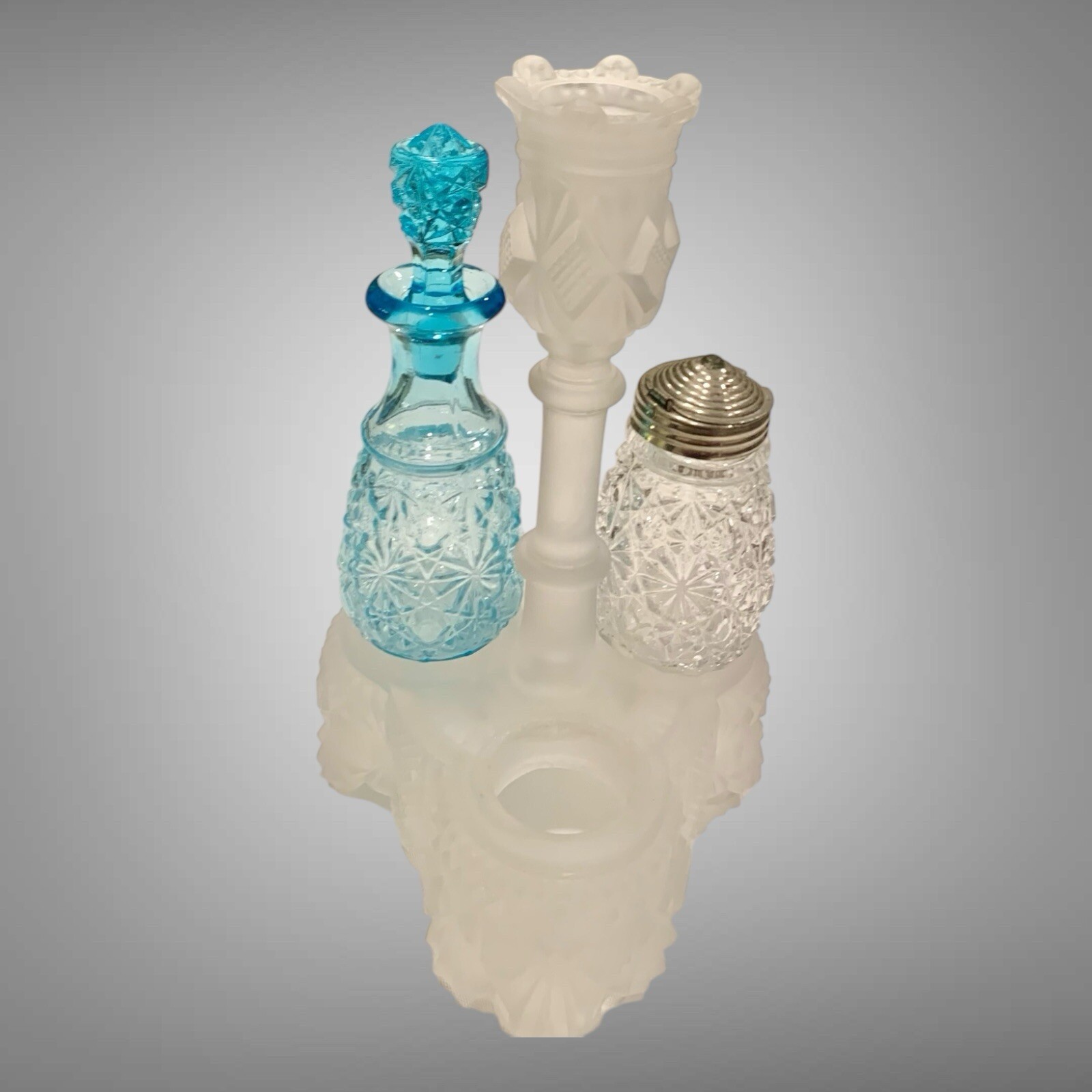 1860s Belmont Co. EAPG Pattern Glass Condiment Cruets (2) And Castor Set