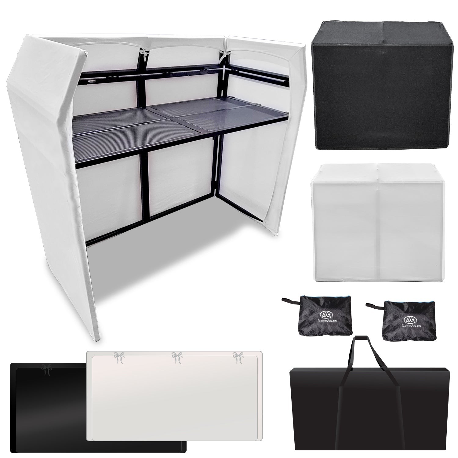 AxcessAbles DJ Booth XL  DJ Facade Table Stand W/ Black, White Scrims, Bag