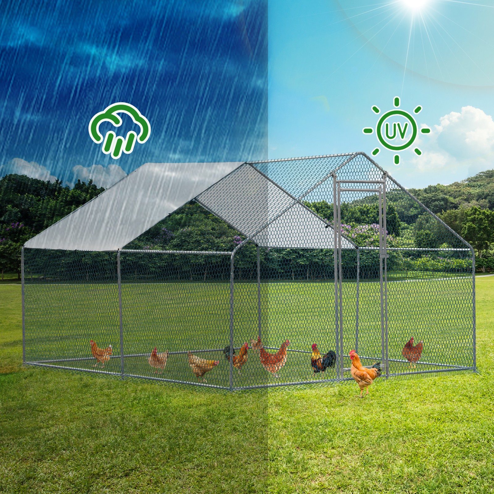Large 10x10FT Metal Chicken Run Pen Walk-in Cage Poultry Coop Duck Rabbit House