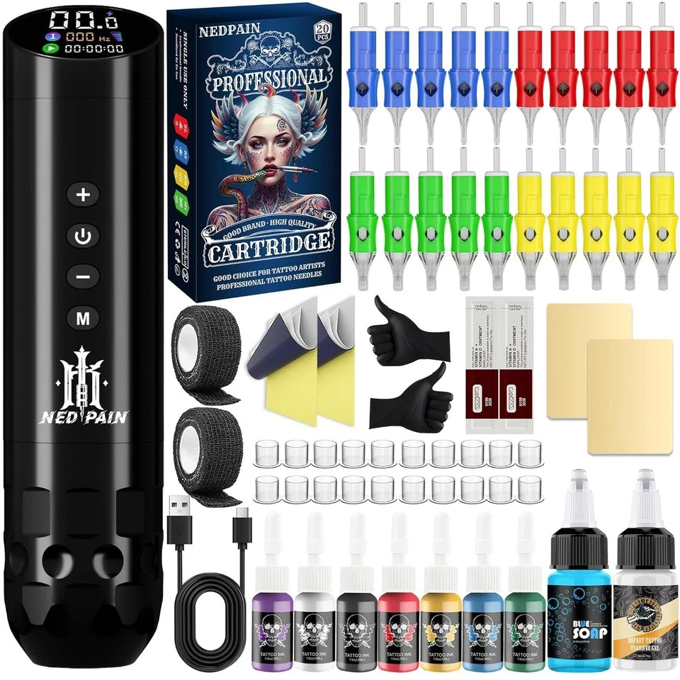 Wireless Tattoo Kit Complete for Beginners Pen Machine with Power Supply Needles