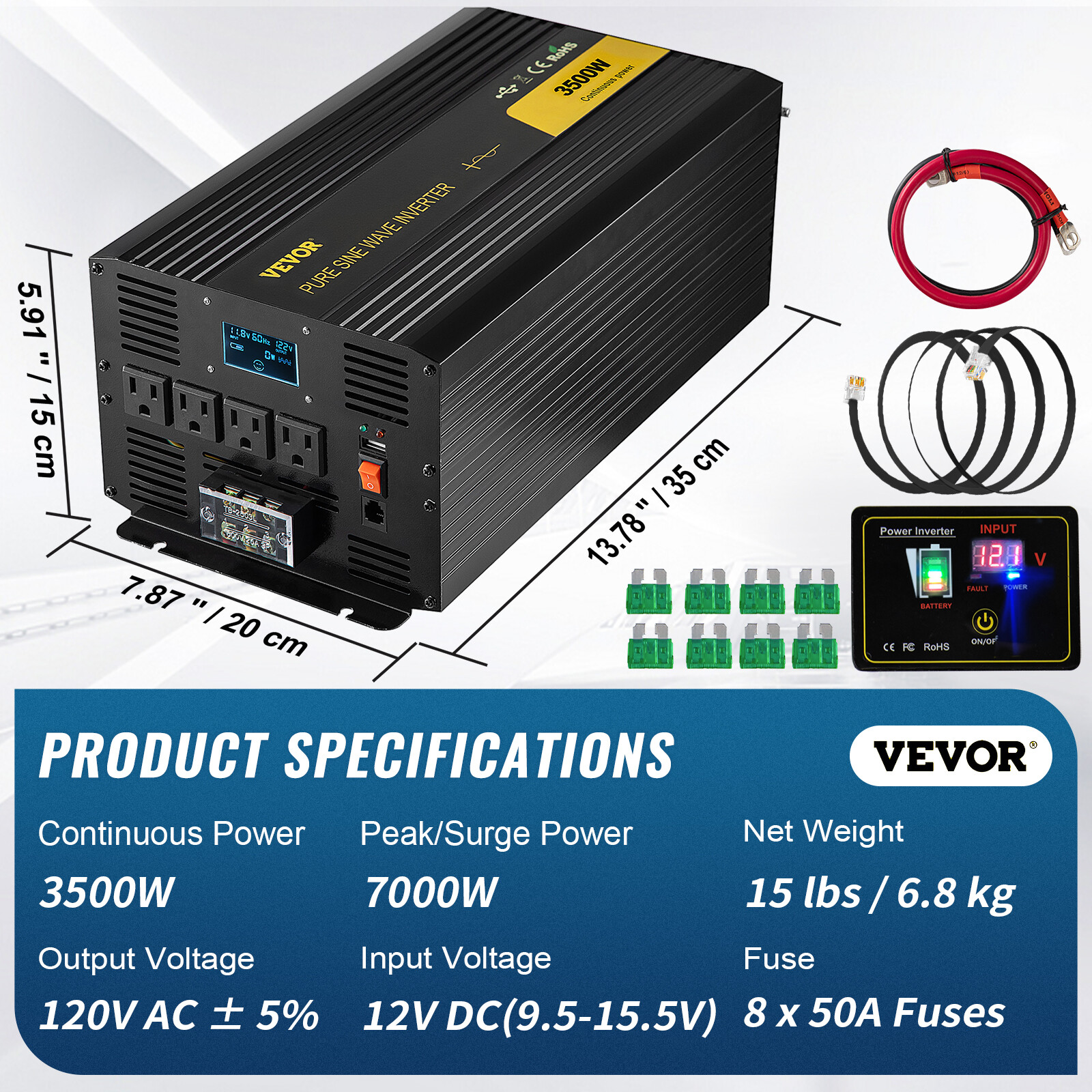 VEVOR Pure Sine Wave Inverter Power Inverter 3500W DC12V to AC120V Inverter LCD